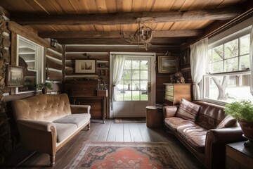 Front picture of white and beige log cabin living room. Antique architectural, pillowed fabric couch. Farmhouse decor,. Generative AI - obrazy, fototapety, plakaty