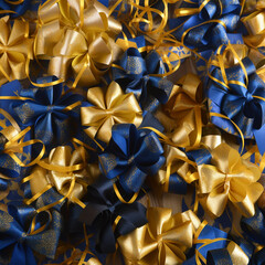 Blue and gold bows, beautiful congratulatory gift background, decorative fancy wallpaper, ai generaive