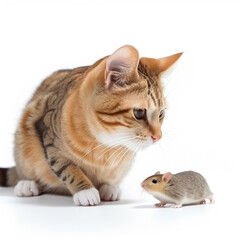 Obraz premium cat and mouse together isolated on white close-up, the cat looks at the mouse, ai generative