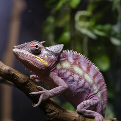Fototapeta premium Colorful purple chameleon on a branch, unusual lizard close-up, ai generative 