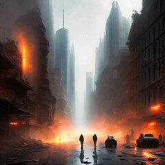 Apocalyptic view of the city at war