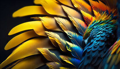 Obraz premium Yellow with others colors feathers bird background colored plumage. Close up photo of shimmered feathers of paradise bird. 3D realistic illustration. Creative AI