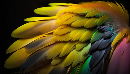 Obraz premium Yellow with others colors feathers bird background colored plumage. Close up photo of shimmered feathers of paradise bird. 3D realistic illustration. Creative AI