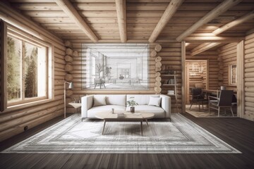 Fototapeta na wymiar Unfinished log cabin living room blueprint. Carpet, fabric sofa, windows. Frame mockup, farmhouse interior,. Generative AI