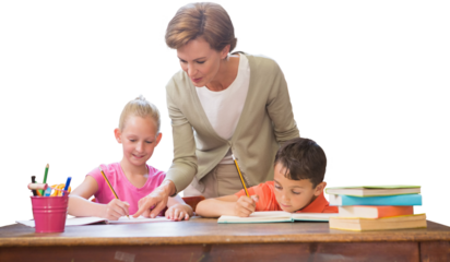 Teacher helping pupils in library