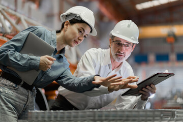 Smiling engineer consulting with colleague in factory. Professional engineering, worker, woman,...