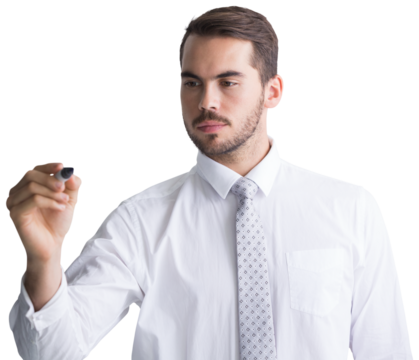 Cheerful businessman writing with marker
