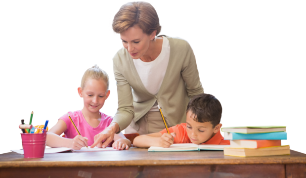 Teacher helping pupils in library