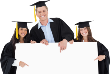 Three graduates pointing to the blank sign as they look at the camera