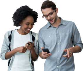 2 smiling peoples are using mobile phone 