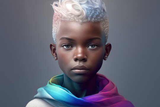 Fictional (AI) black queer kid, portrait of african american child with rainbow sweater and white hair, pride month banner, coming out day or spirit day banner