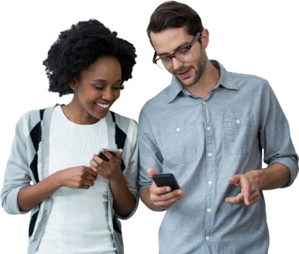 2 smiling peoples are using mobile phone 