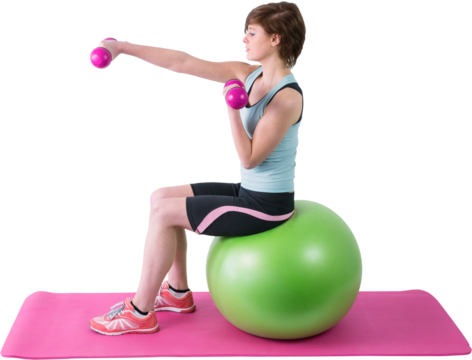 Pretty brunette exercising with dumbbells on fitness ball  - Powered by Adobe