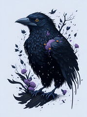 Raven bird with flowers splash.AI generated illustration