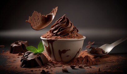  a bowl of chocolate ice cream with a spoon in it.  generative ai