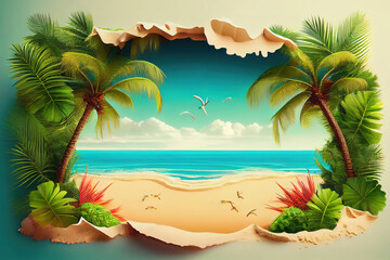Fototapeta na wymiar sandy beach with palms and turquoise sea. Generative Ai
