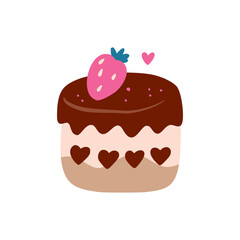 Birthday sweet cupcake with strawberry and chocolate cream, vector party baby kids simple flat dessert doodle illustration