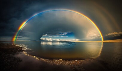  a rainbow is seen over the ocean under a cloudy sky.  generative ai
