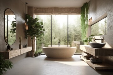 Urban jungle design. Vertical image of warm full furnished bathroom with green plants and natural organic design components, white bathtub near panoramic window on pebble floor. Generative AI