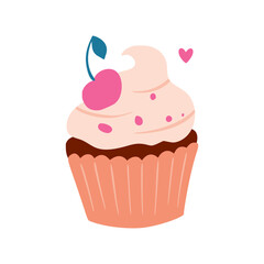 Birthday sweet cupcake with cherry and cream, vector party baby kids simple flat dessert doodle illustration