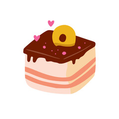 Birthday sweet cake slice with chocolate cream, vector party baby kids simple flat dessert doodle illustration