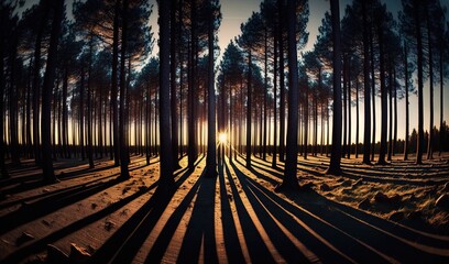  the sun is shining through the trees in the forest at sunset.  generative ai