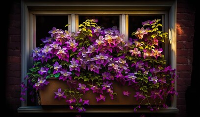 Fototapeta na wymiar a window sill filled with lots of purple and yellow flowers. generative ai