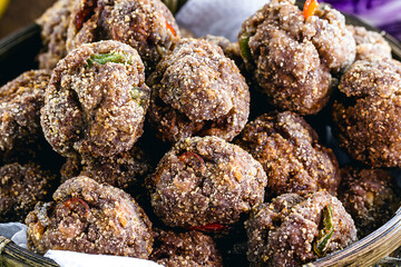 Homemade and organic vegetarian meatballs, with fiber and chopped vegetables. Tasty vegan food, macro photography