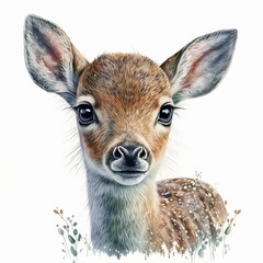 baby deer illustration with light watercolor on white background, minimalist animal painting, light watercolor artwork, unique wall décor, ai art. generative ai