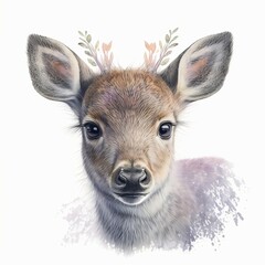 baby deer illustration with light watercolor on white background, minimalist animal painting, light watercolor artwork, unique wall décor, ai art. generative ai
