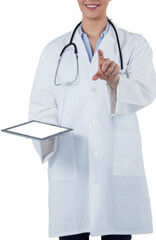 Female doctor holding digital tablet while using digital screen