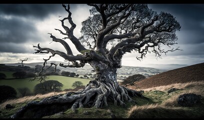 Obraz premium a very old tree in the middle of a grassy field. generative ai