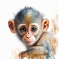 baby monkey illustration with light watercolor on white background, minimalist animal painting, light watercolor artwork, unique wall décor, ai art. generative ai