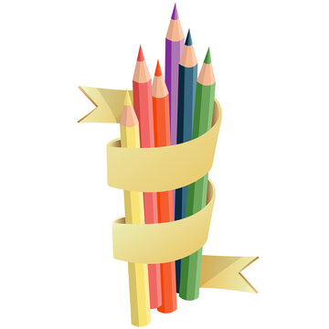 Several color pencils wrapped with ribbons