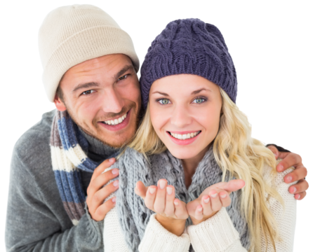 Attractive couple in winter fashion smiling at camera - Powered by Adobe