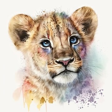 baby lion illustration with light watercolor on white background, minimalist animal painting, light watercolor artwork, unique wall décor, ai art. generative ai