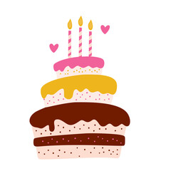 Birthday cake with candles, vector party baby kids simple flat dessert doodle illustration