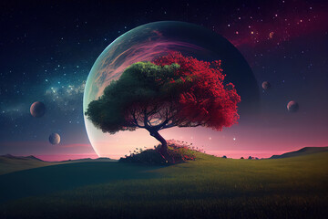 Obraz na płótnie Canvas 3D tree against a moon night sky. Generative Ai