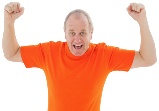 Mature man in orange tshirt cheering - Powered by Adobe