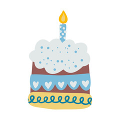Birthday cake with a candle, vector party baby kids simple flat dessert doodle illustration