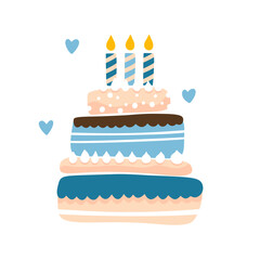 Birthday cake with candles, vector party baby kids simple flat dessert doodle illustration