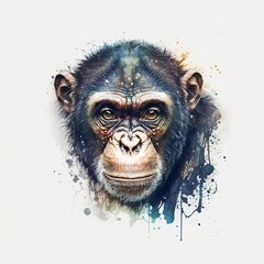 chimpanzee illustration with light watercolor on white background, minimalist animal painting, light watercolor artwork, unique wall décor, ai art. generative ai