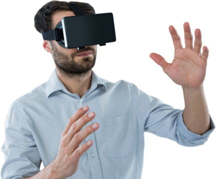 Man in casuals using oculus rift headset