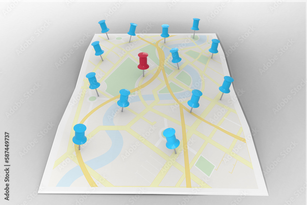 Wall mural red pointer surrounded by blue markers on world map