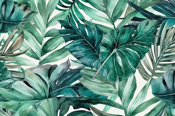 green leaves painted with watercolors on a white background. Generative AI