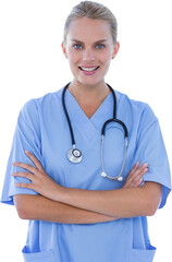 Happy doctor looking at camera with arms crossed 