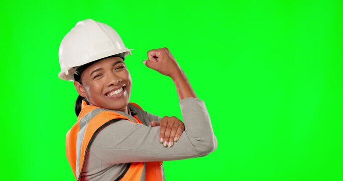 Bicep, construction worker and a woman on a green screen background in studio flexing strong builder muscles. Portrait, building and industrial architect with a female engineer on chromakey mockup