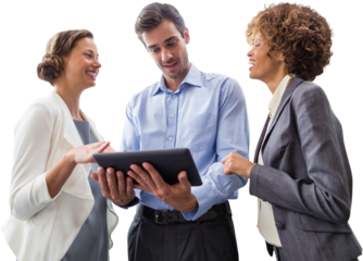 Businessman explaining to businesswomen over laptop