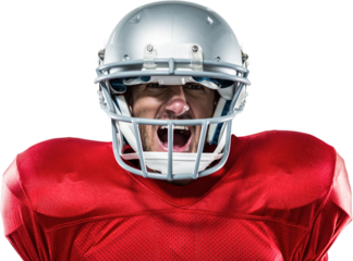Aggressive American football player in red jersey screaming