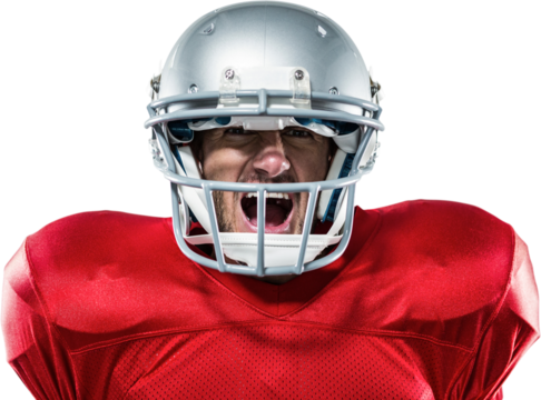Aggressive American football player in red jersey screaming - Powered by Adobe